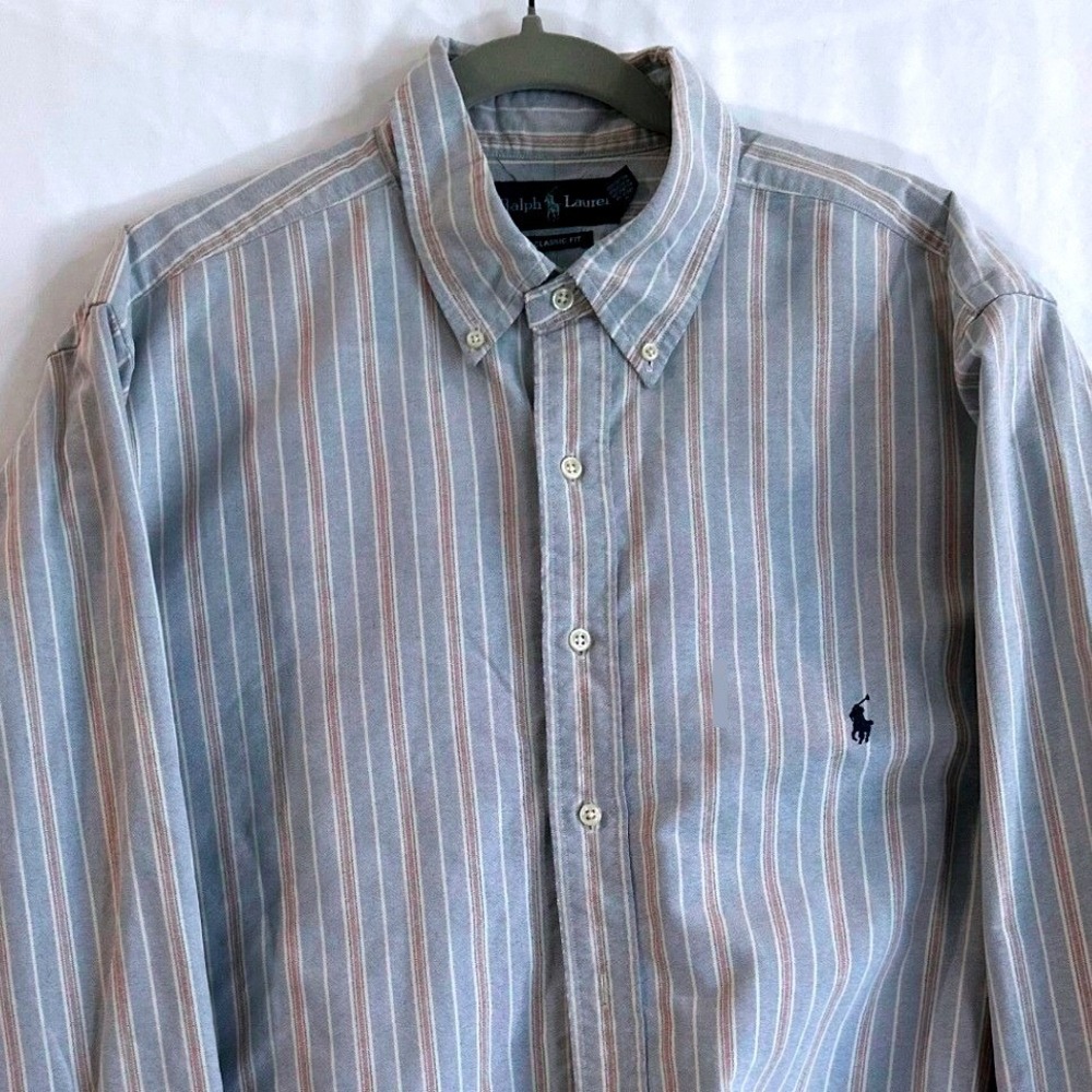 Ralph Lauren Classic Fit Striped Oxford Shirt Mens XLT Tall Blue Red Long Sleeve